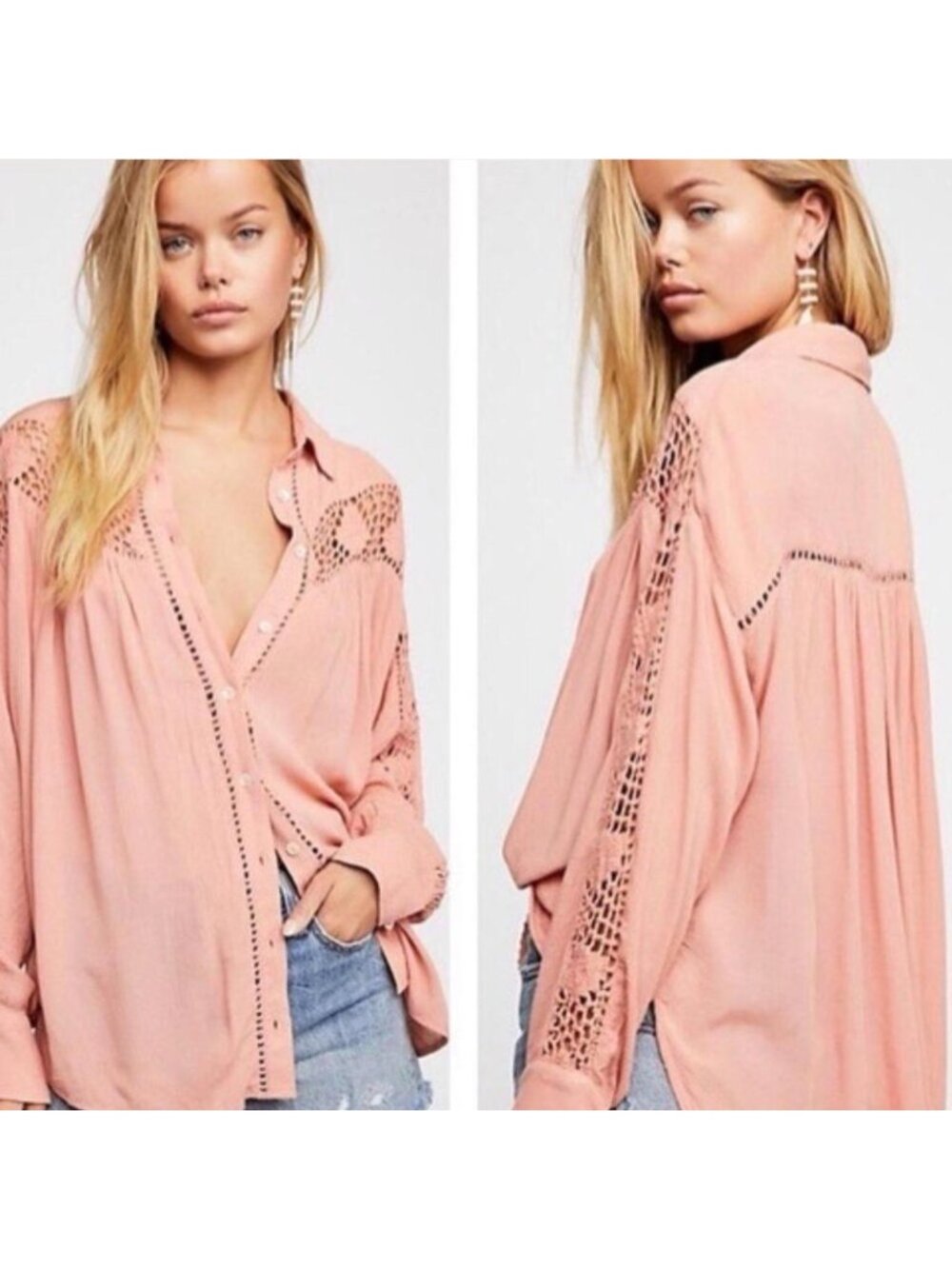Free People Katie Bird Crochet Tunic Long Sleeve Blouse BOHO In Salmon Pink Sz M